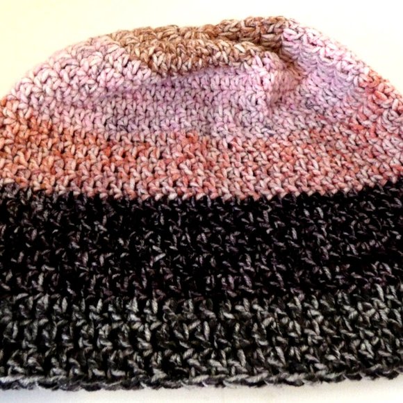 Colorful Pink Black Beanie Multicolor Cap Roll Hat Handmade Crochet USA Size M - Picture 5 of 6